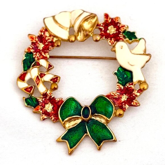 Vintage Enameled Christmas Wreath Brooch/Pin - Picture 2 of 5